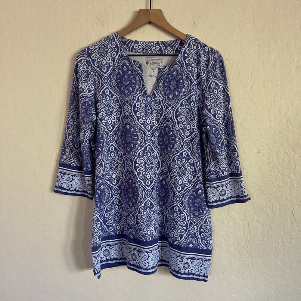 Coolibar St. Lucia Tunic Top Medium Blue White Printed Sun Protection UPF 50+